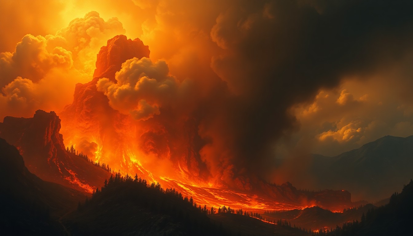 A sweeping, atmospheric landscape painting in muted earth tones, with billowing plumes of smoke and flickering flames dwarfing any visible structures or people, conveying the overwhelming force of a natural disaster.