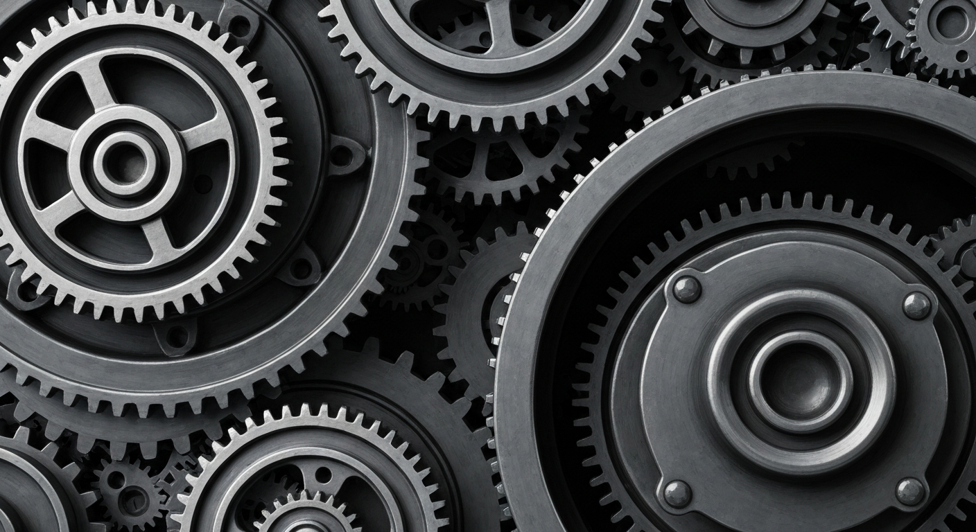 An extreme close-up of a network of industrial gears and machinery in shades of steel grey and black, conceptually representing the intricate financial infrastructure behind asset-backed and mortgage-backed securities.