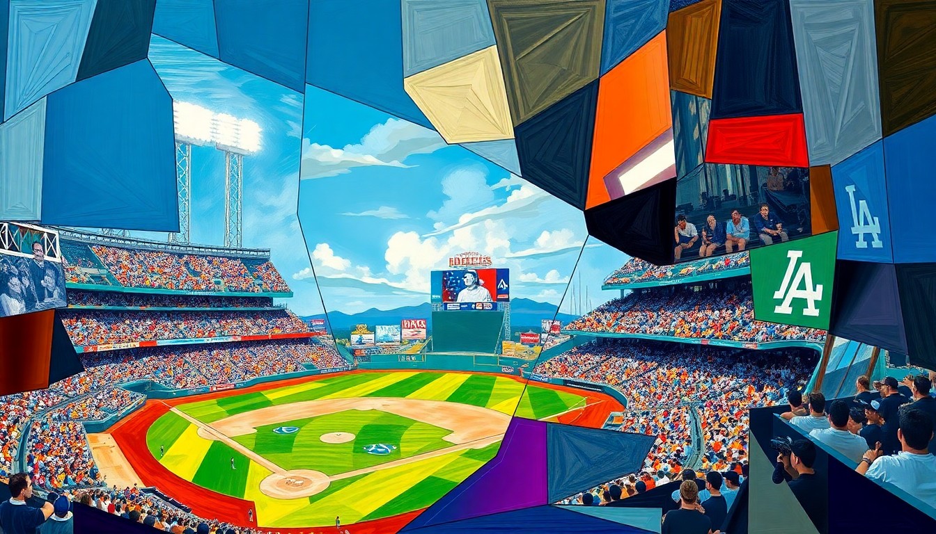 A fragmented, geometric painting depicting the dynamic movements and energy of a baseball game, with players and the field rendered in an abstract, cubist style.