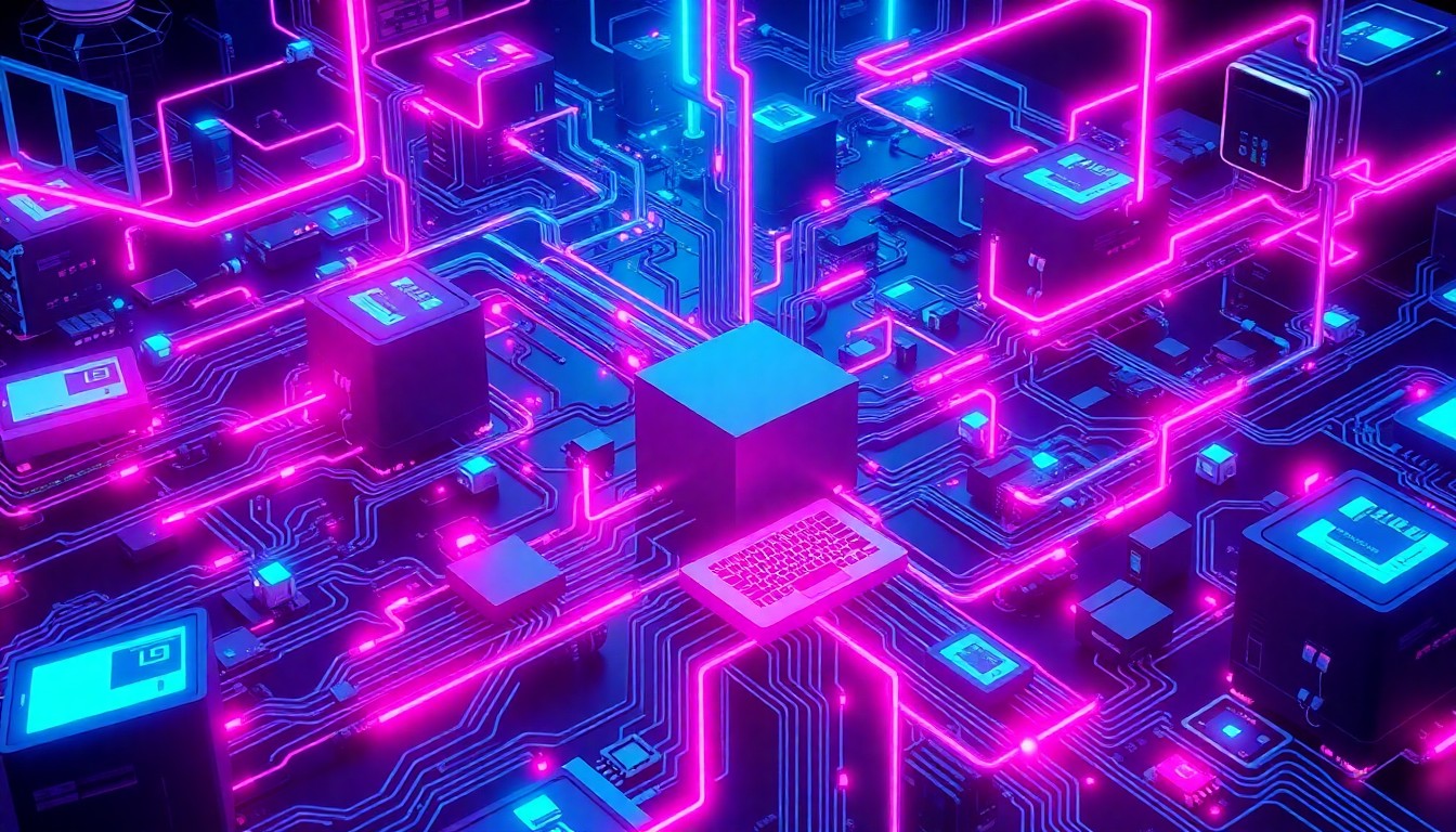 A highly detailed, glowing 3D illustration of a complex network of interconnected cybersecurity infrastructure, including servers, routers, and other digital components, all illuminated by neon cyan and magenta lights, conceptually representing the power and complexity of modern security systems.