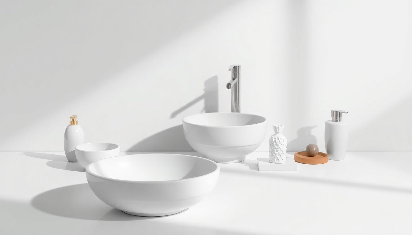 A photorealistic studio still-life image featuring a ceramic basin, faucet, and other bathroom accessories arranged in a minimalist, high-end composition, conveying the concepts of quality, design, and functionality in the bathroom space.