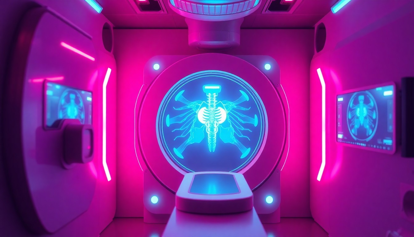 A highly detailed, glowing 3D illustration of a futuristic X-ray machine emitting neon cyan and magenta lights, conceptually representing the advanced AI-powered technology transforming the radiology field.