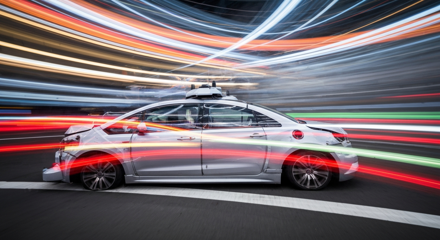 An abstract, blurred image of a damaged Waymo self-driving vehicle, conveying a sense of speed, chaos, and the impact of vandalism on autonomous technology.