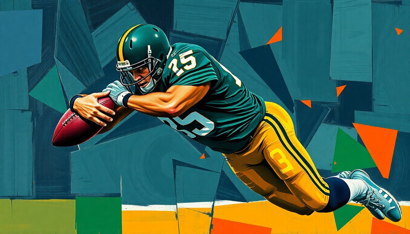 A cubist, geometric painting depicting a defensive tackle making a tackle, with sharp, overlapping planes of dark blue, forest green, and burnt orange.