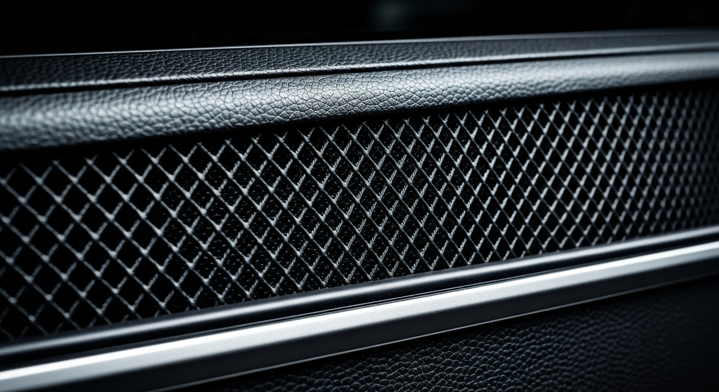 An extreme close-up of the textured surface of a Hyundai Kona's exterior, captured in high contrast and dramatic lighting to showcase the vehicle's materials and craftsmanship.