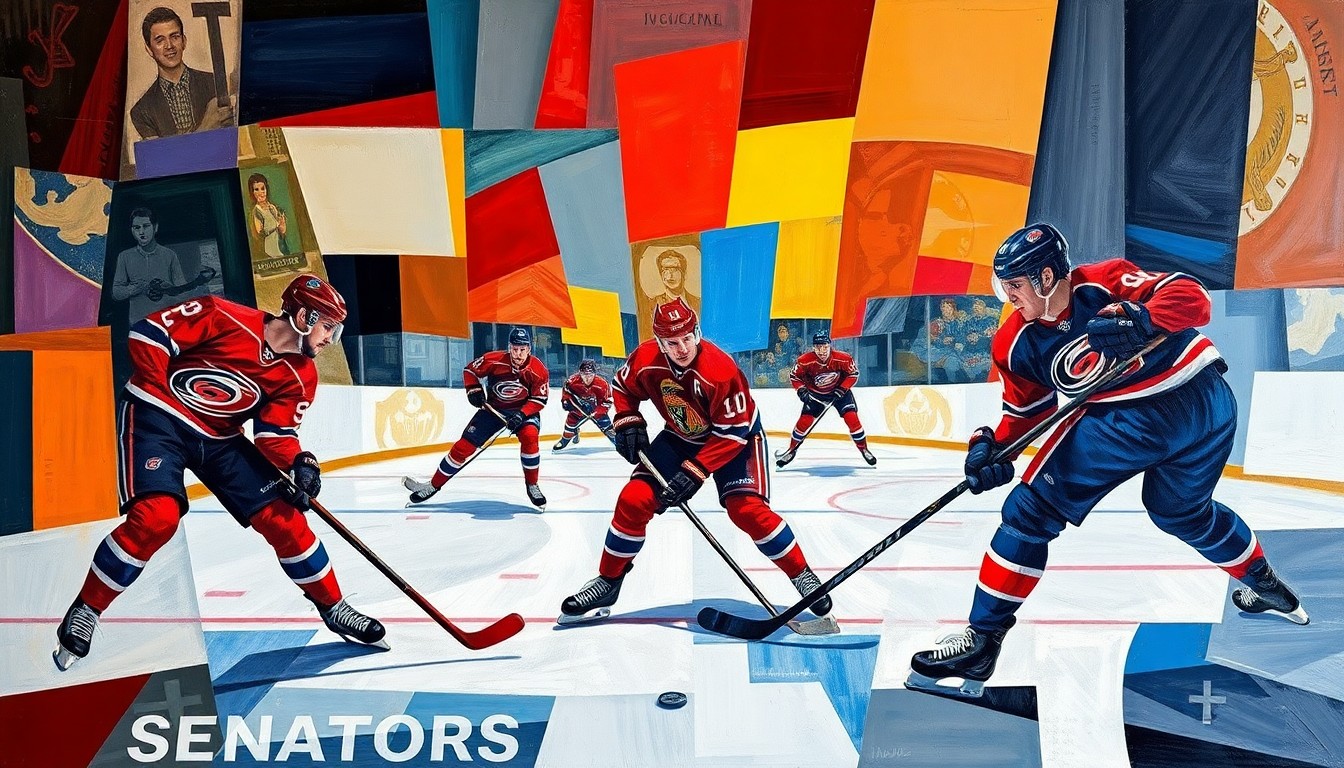 A cubist, geometric painting depicting a hockey game, with players' bodies and the puck broken down into abstract shapes and planes of color representing the Hurricanes and Senators uniforms. The image conveys the intensity and physicality of the playoff matchup.