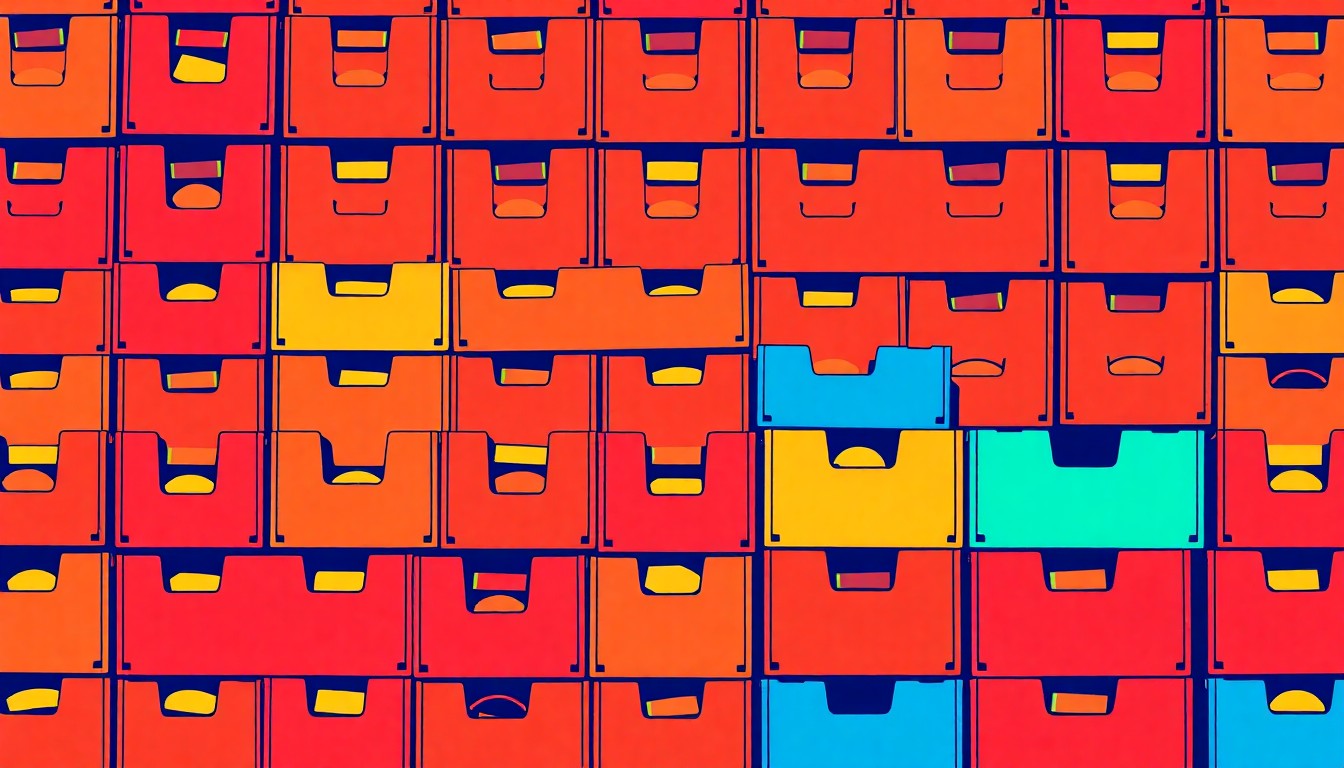 A highly stylized, abstract illustration featuring a repeating grid pattern of colorful produce boxes in neon shades of green, orange, and purple, capturing the energy and vibrancy of a campus community embracing sustainable food options.