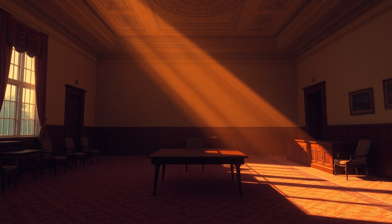 A dimly lit, cinematic painting of an empty congressional office or committee room, with warm sunlight streaming in through the windows and casting deep shadows across the space, creating a sense of quiet contemplation and political transition.