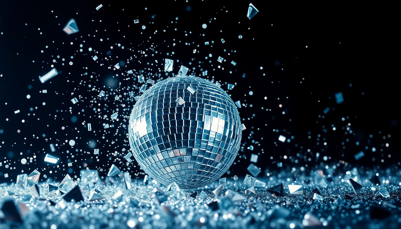 An abstract close-up image of shattered, glittering disco ball fragments captured in dramatic high-contrast studio lighting, conveying the vibrant, celebratory atmosphere of a major music festival performance.