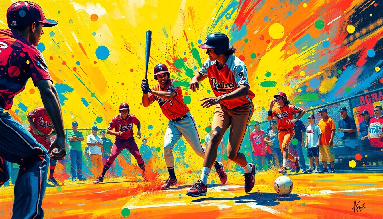 An abstract, expressionist painting in neon colors depicting the intense energy and movement of a softball game, with players' forms breaking apart into vibrant brushstrokes.