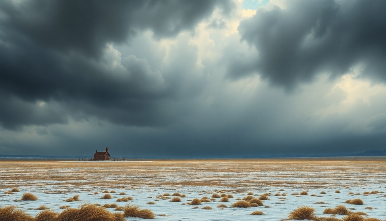 A sweeping, atmospheric landscape painting in muted tones of grey, blue, and white, depicting a vast, frozen field under a heavy, overcast sky. The scene conveys the overwhelming, sublime scale of the natural world and the vulnerability of human structures against the power of extreme weather.