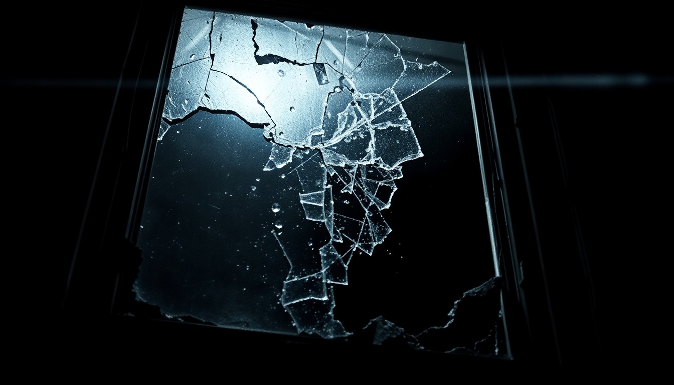 An extreme close-up photograph of a damaged building facade, with shattered glass and crumpled metal, creating a stark, gritty, investigative aesthetic.
