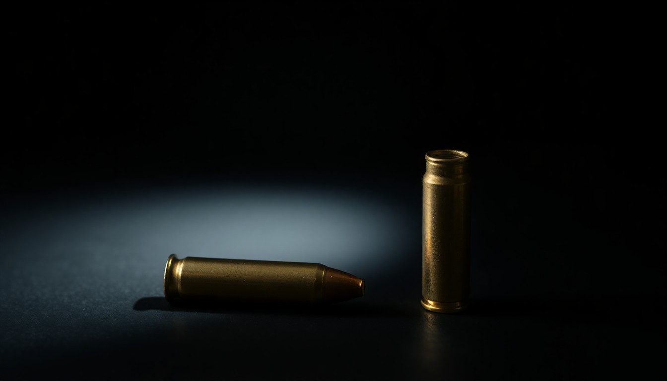 An extreme close-up photograph of a single bullet casing on a dark surface, lit by a harsh, direct camera flash, conceptually representing the aftermath of a domestic violence-related incident.