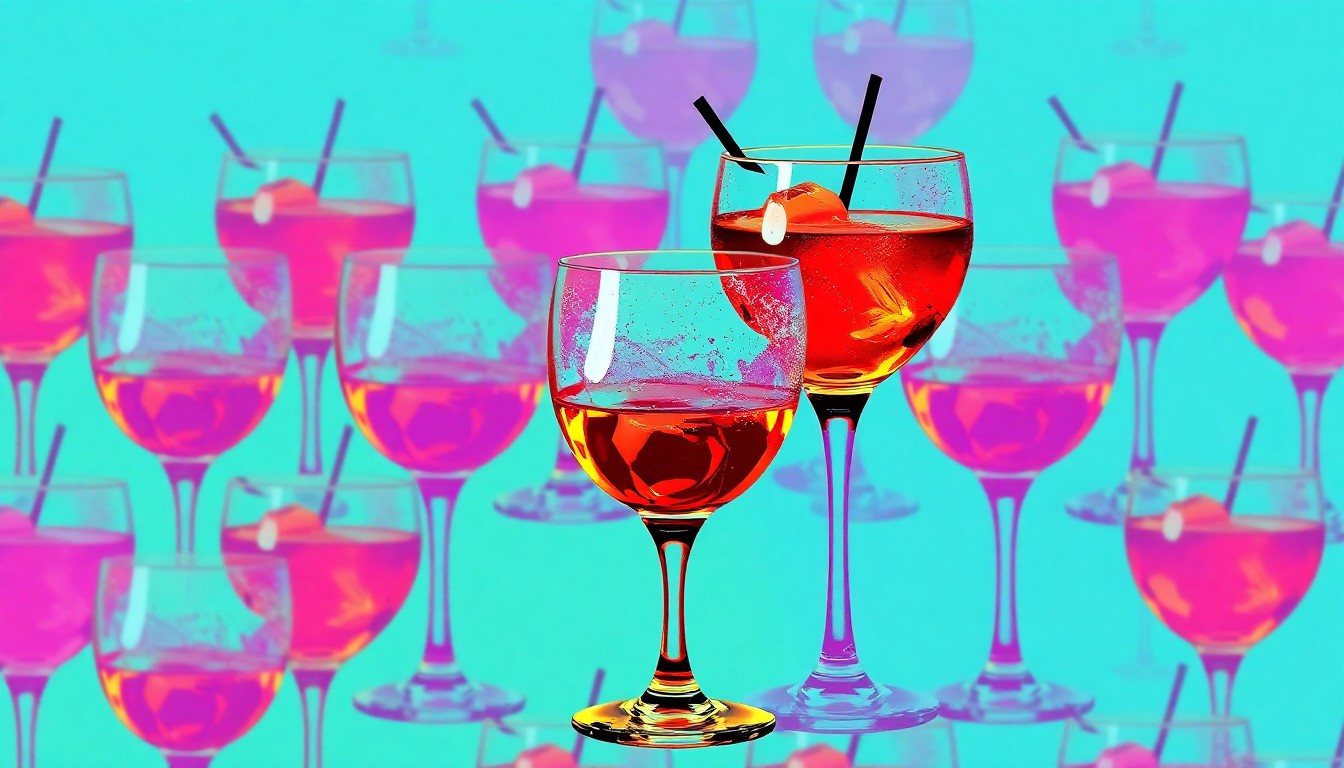 A brightly colored, high-contrast silkscreen print of a single, iconic cocktail glass filled with a deep amber liquid, repeated in a tight grid pattern against a vibrant neon background, conceptually representing the bold and sophisticated nature of the frisky whiskey cocktail.