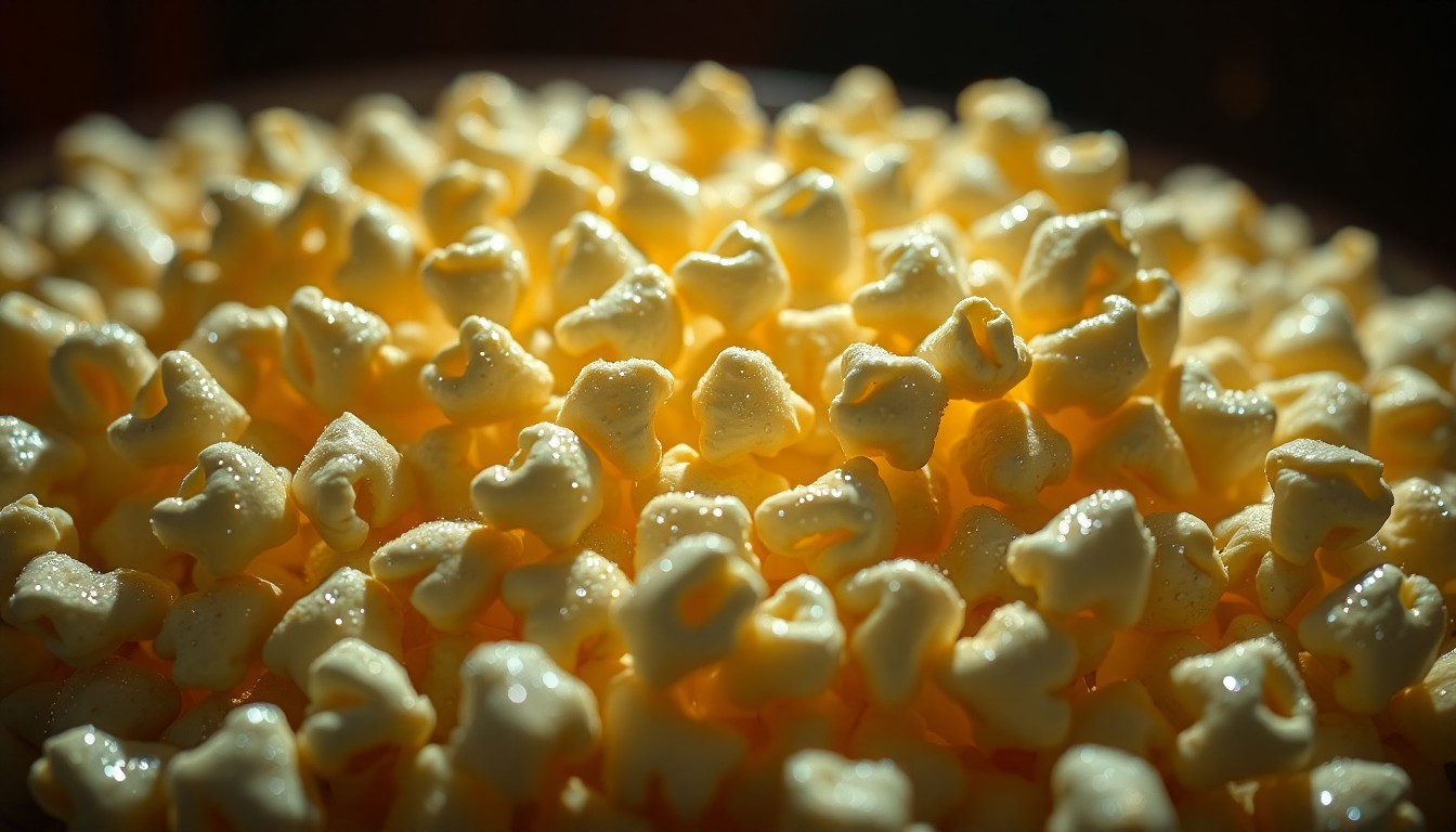 An abstract close-up image of shimmering, backlit popcorn kernels, capturing the high-stakes glamour and spectacle of the movie theater experience.
