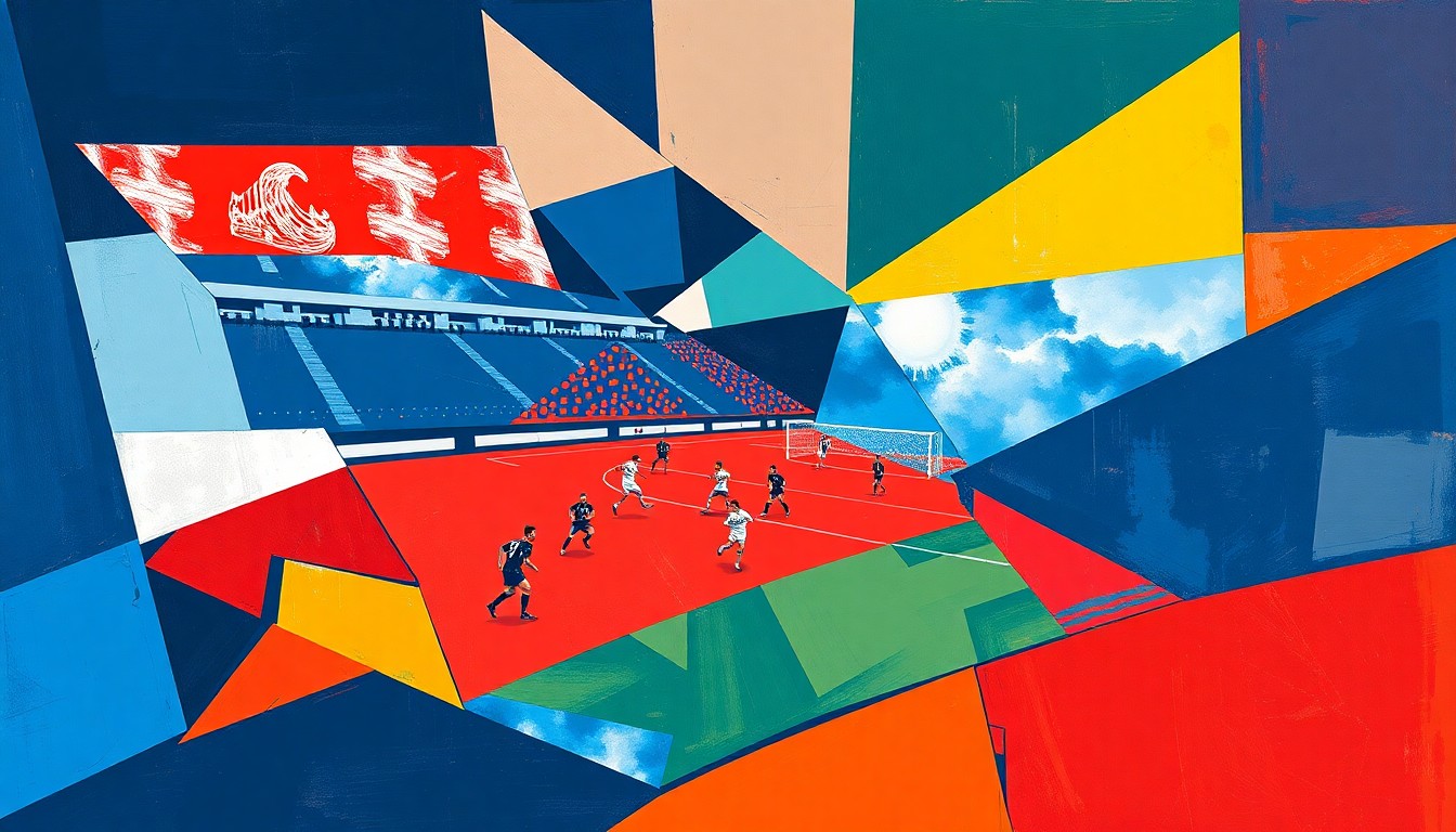A cubist, geometric painting depicting a North Texas SC soccer match, with sharp, overlapping planes of navy blue, red, and white colors capturing the dynamic action on the field.
