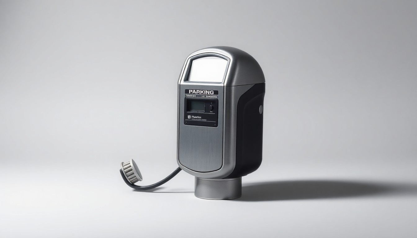 A high-end, photorealistic studio still-life photograph of a sleek, brushed metal and glass parking meter resting on a clean, monochromatic background, bathed in dramatic studio lighting to symbolize the complex issues surrounding urban parking management.