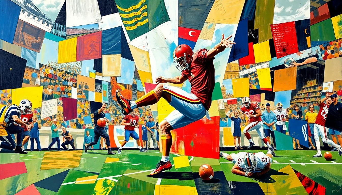 A cubist, geometric painting depicting the motion and energy of a football kicker, with overlapping planes of color and shape representing the dynamic action of the game.