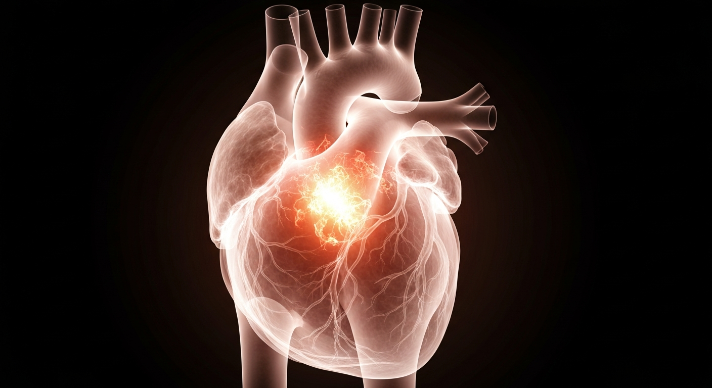 A ghostly, translucent X-ray photograph revealing the internal structure of a human heart, with a fragile and damaged appearance that conceptually represents the medical challenges faced by transplant recipients.