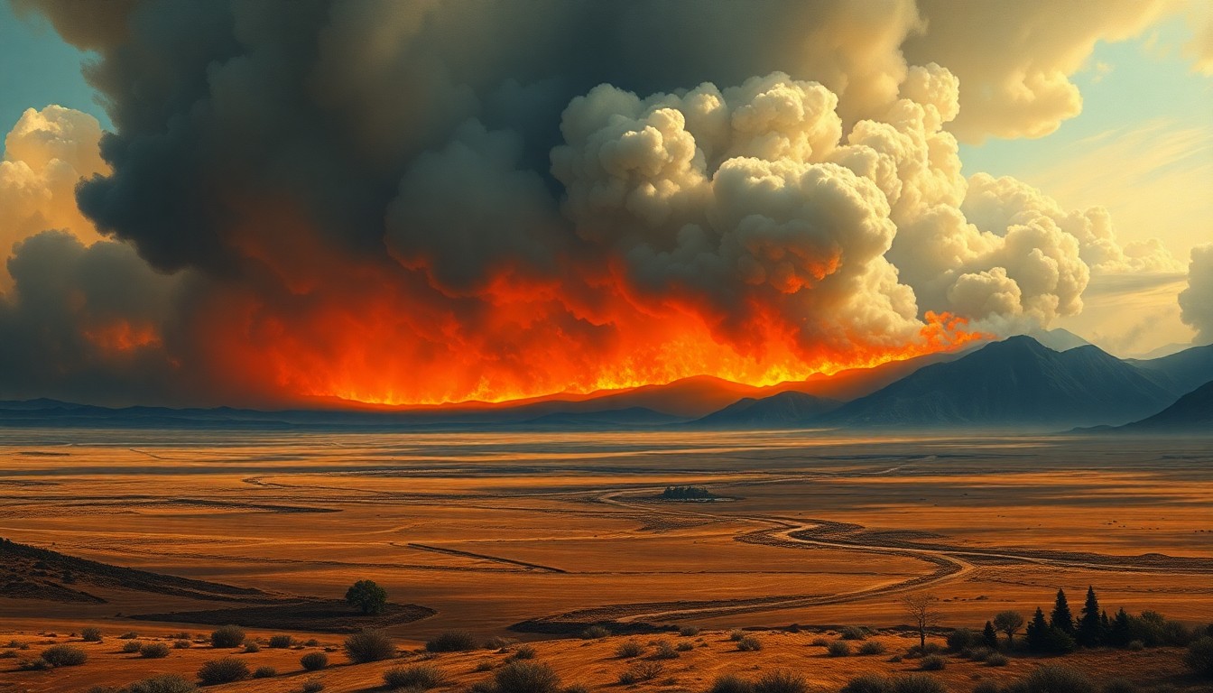 A sweeping, atmospheric landscape painting in muted tones of orange, grey, and black, depicting a distant wildfire raging across a vast, desolate expanse, with thick smoke obscuring the horizon and dwarfing any visible structures or roads.