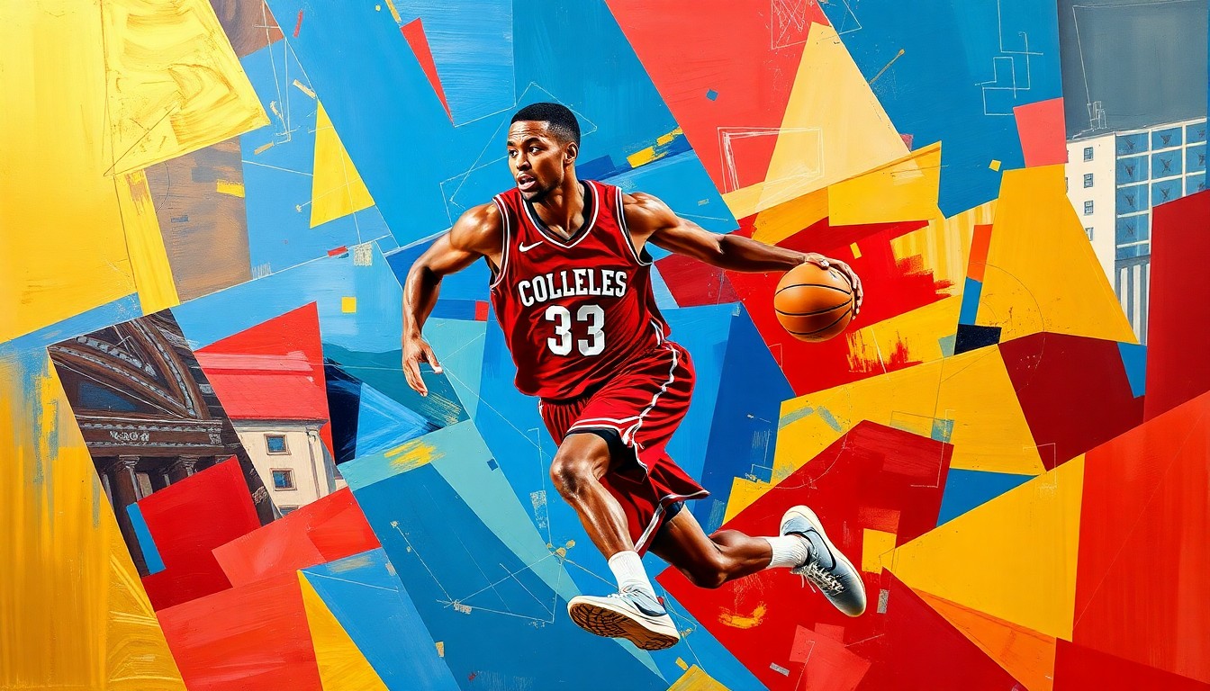 A fractured, multi-perspective painting depicting a college basketball player in motion, with sharp, overlapping geometric planes in vibrant colors representing the dynamic nature of a high-profile transfer.