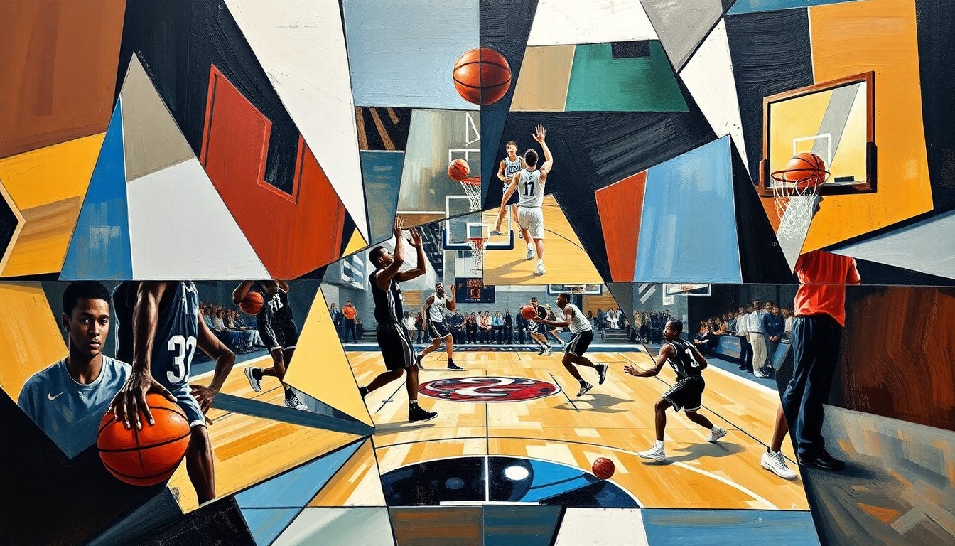A fractured, geometric painting depicting the abstract movements and energy of a college basketball game, with players' forms broken down into sharp, overlapping planes of color and shape.