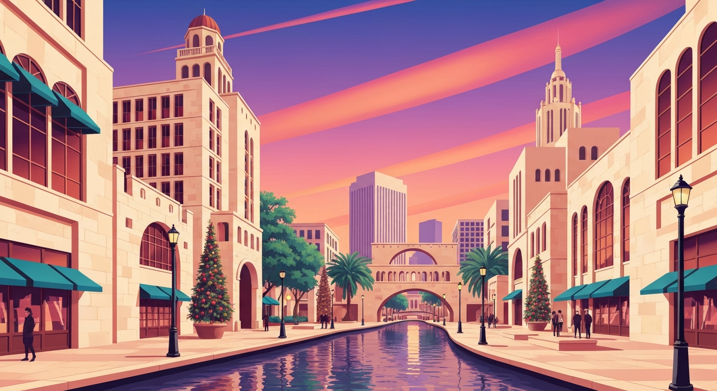 A highly stylized, geometric illustration depicting the grand scale and romantic atmosphere of the San Antonio Riverwalk during the holiday season, with sweeping, textured brushstrokes in warm, festive colors.
