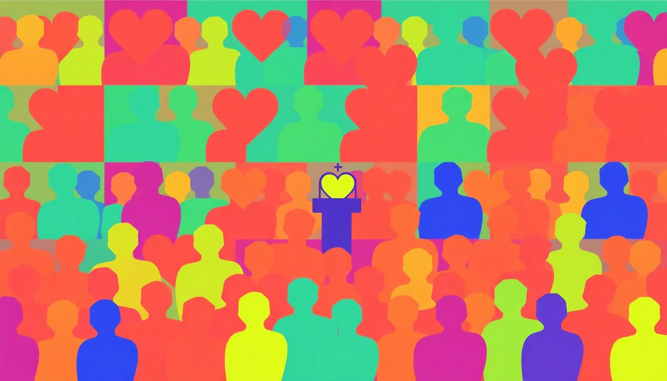 A high-contrast, silkscreen-style illustration featuring a repeating grid of colorful, abstracted icons representing a community gathering, rendered in a bold, pop art aesthetic.