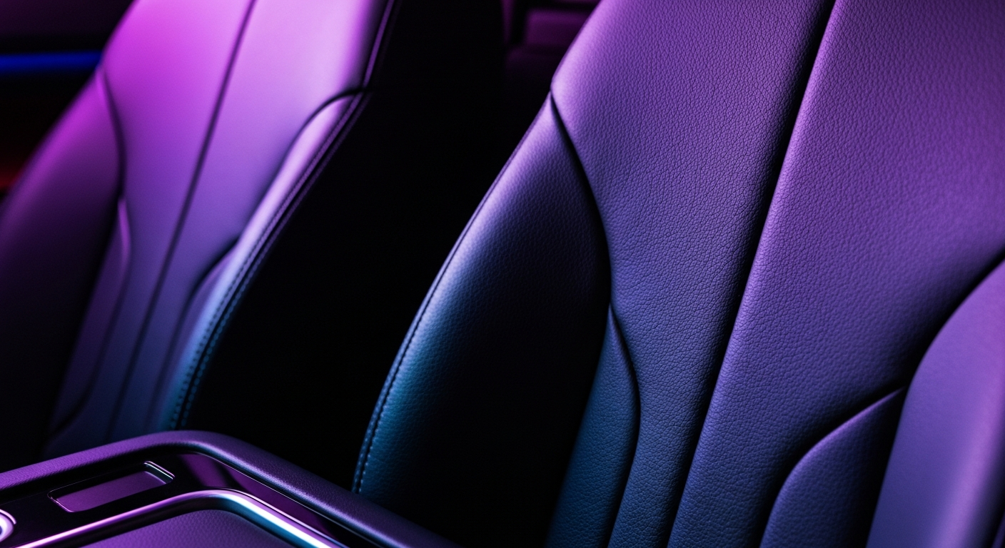 An extreme close-up of the textured leather interior of an electric vehicle, showcasing the intricate patterns and vibrant colors that capture the premium feel of modern EV design.