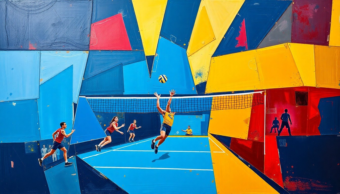 A cubist, geometric painting depicting a fractured, multi-perspective view of a volleyball game, with sharp planes of navy, gold, and crimson red capturing the dynamic energy of the sport.