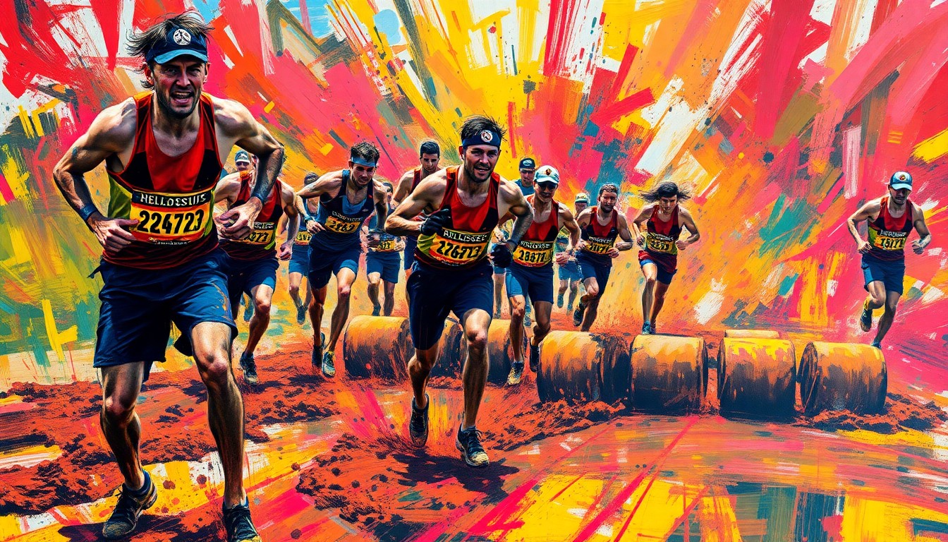 A vibrant, expressionistic painting depicting the raw energy and movement of runners navigating obstacles, with splashes of neon colors and textured brushstrokes capturing the excitement of the Texoma's Hellacious Obstacle Run.