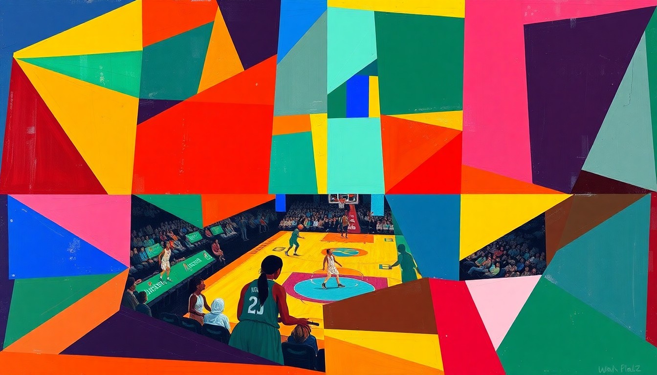 A fragmented, geometric painting in bold blues, oranges, and whites, capturing the dynamic motion and intensity of a WNBA basketball game through Cubist-inspired abstraction.