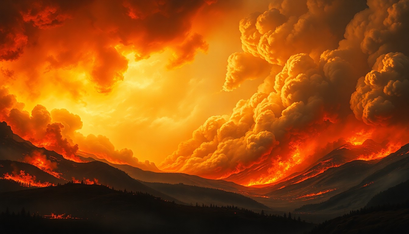 A sweeping, atmospheric landscape painting depicting a massive wildfire raging across a vast, rugged terrain, with the flames and smoke dwarfing any visible structures or objects.
