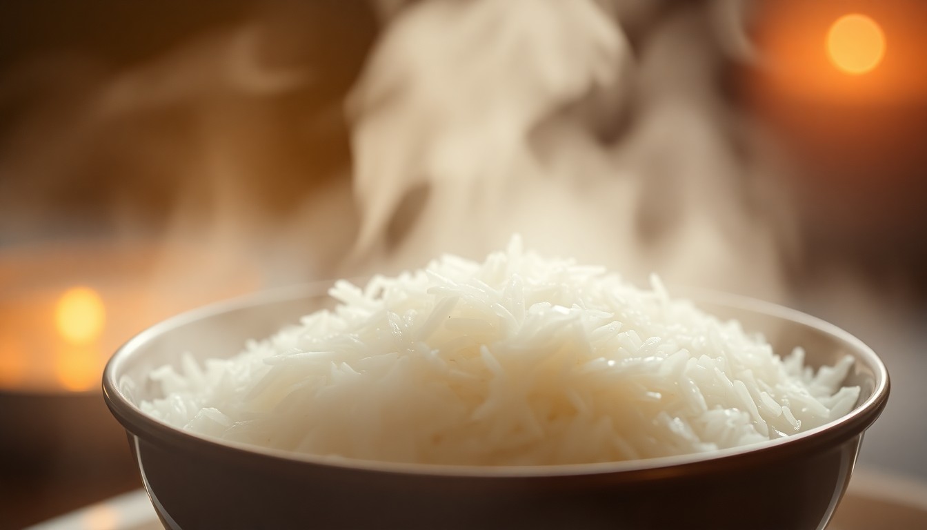 An abstract, out-of-focus photograph featuring a steaming bowl of basmati rice, with warm, hazy pools of light and color creating a dreamlike, atmospheric quality that evokes the comforting and elevated nature of this staple ingredient.