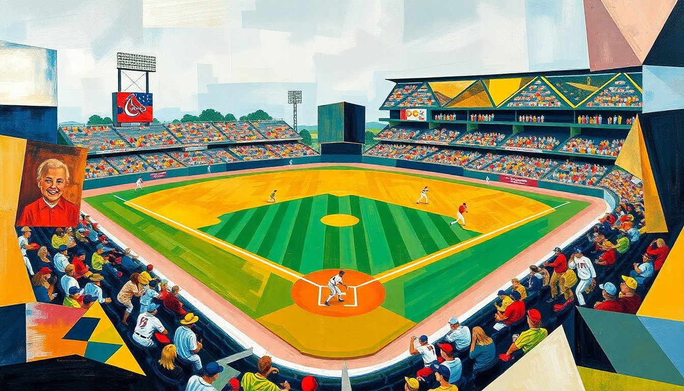 A fragmented, geometric painting featuring overlapping shapes and planes of color representing the players, field, and action of a baseball game, conveying the high stakes and competitive energy of the moment.
