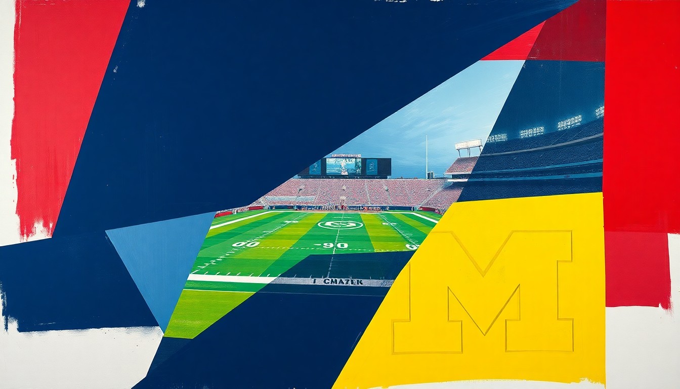 A fractured, geometric painting depicting the rivalry between Ohio State and Michigan, with sharp planes of navy, scarlet, and maize colors overlapping to represent the divided loyalties of a parent supporting their child's choice of school.