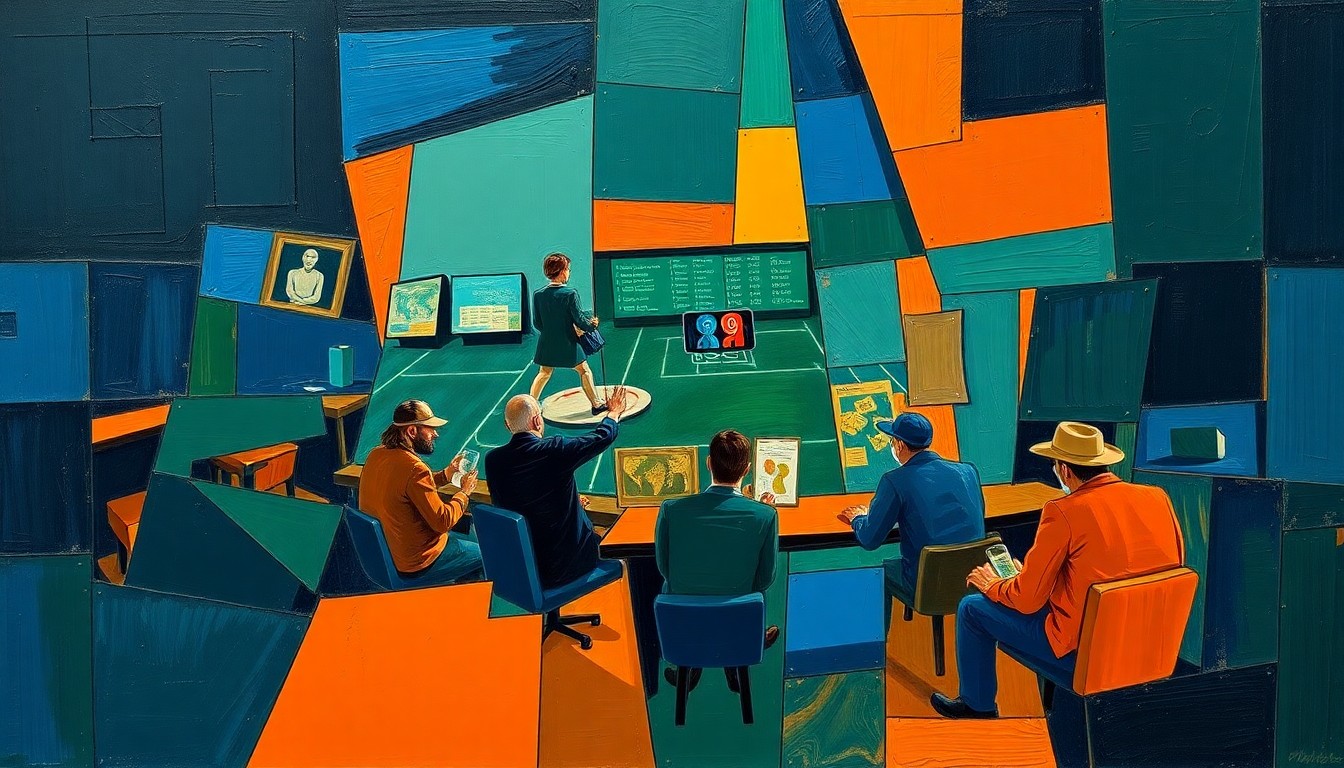 A cubist-style painting depicting a fragmented, abstract scene of sports betting, with sharp geometric shapes in navy, green, and orange overlapping to create a sense of chaos and disarray.