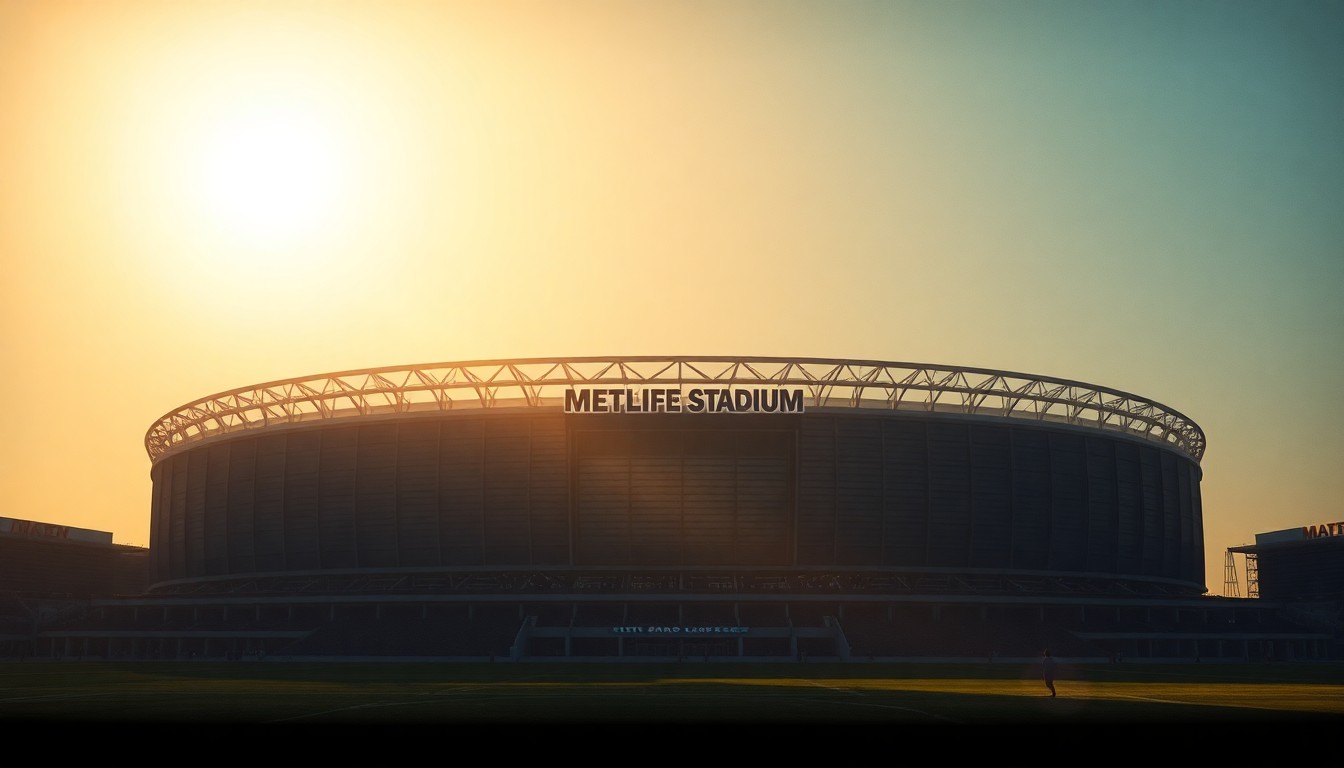 A cinematic painting of MetLife Stadium bathed in warm, diagonal sunlight and deep shadows, conveying the political and financial tensions surrounding the 2026 World Cup matches.