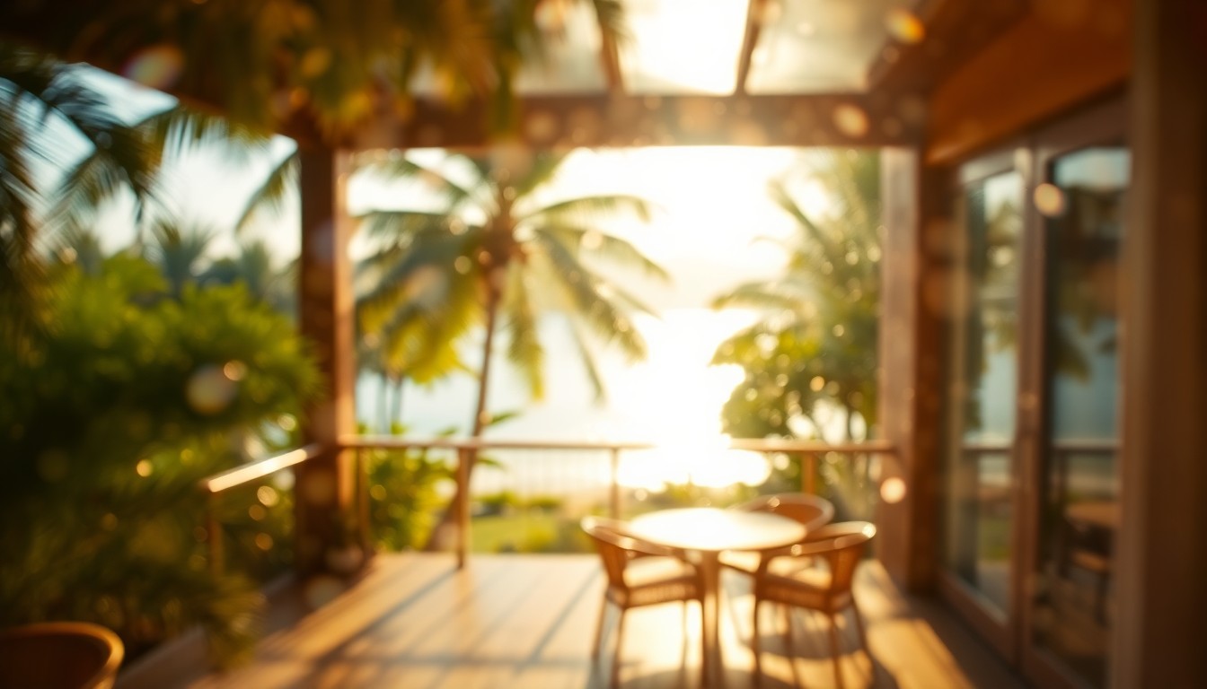 An extremely abstracted, out-of-focus photograph composed of warm, golden light and blurred palm fronds, creating a dreamy, serene atmosphere.