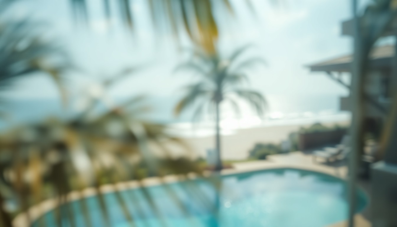 An extremely blurred and abstracted photograph depicting the soft, warm, and inviting atmosphere of a coastal luxury retreat, with muted blues, greens, and neutrals creating a sense of tranquility and relaxation.