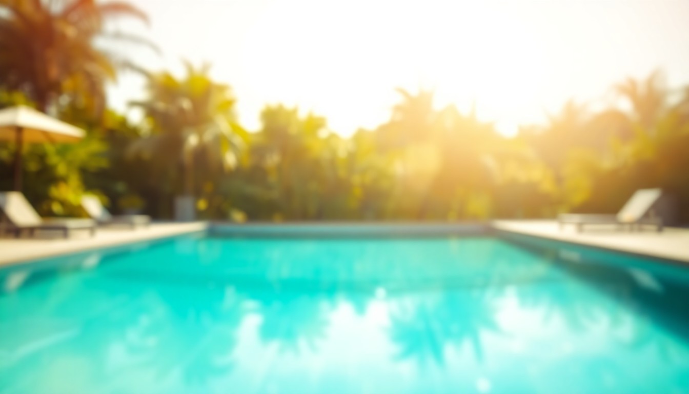 An extremely abstracted, out-of-focus photograph shot through condensation or rain-streaked glass, composed of soft pools of warm color and light depicting a serene outdoor pool area with lush greenery in the background.