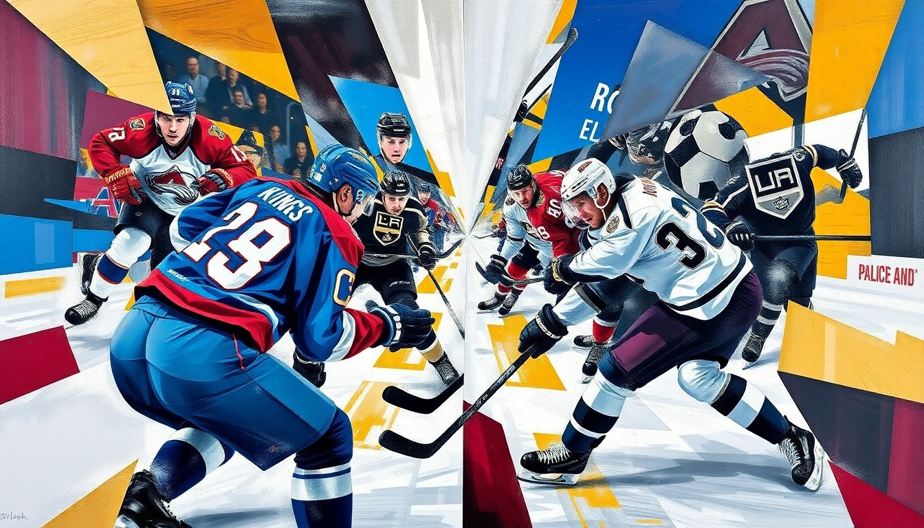 A fractured, cubist-style painting depicting the chaotic, high-energy action of a hockey game, with the players' movements and uniforms broken down into sharp, overlapping geometric shapes and planes of vibrant blue, burgundy, gold, black, and silver.