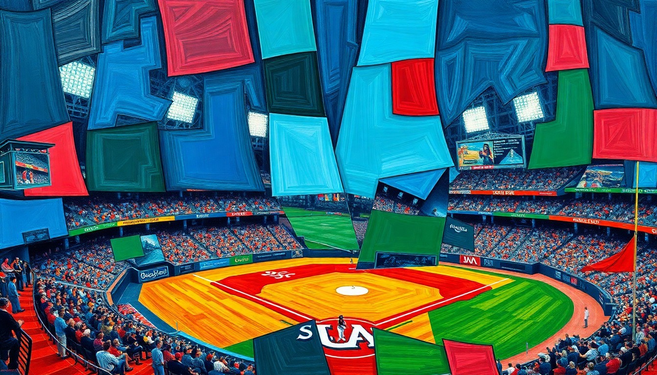 A fractured, multi-perspective painting featuring overlapping geometric shapes and planes in navy blue, forest green, and crimson red, conceptually representing the dynamic action of a baseball game or match.