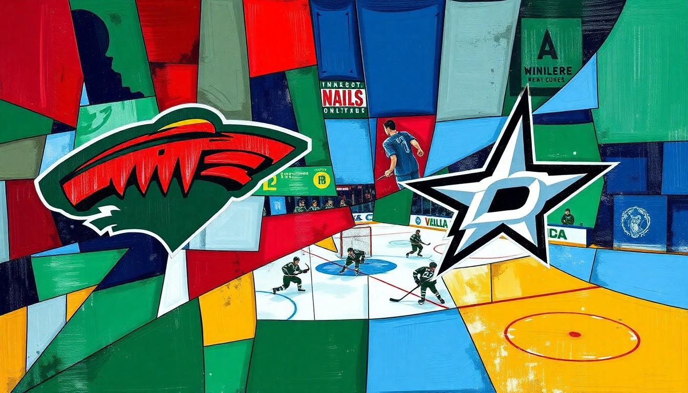 A cubist, geometric painting depicting a hockey game between the Minnesota Wild and Dallas Stars, with the players and action broken down into sharp, overlapping shapes and planes of vibrant green, red, and blue colors.