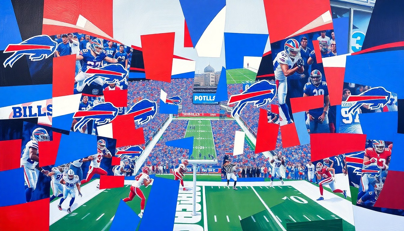 A cubist, geometric painting depicting fragmented football players and draft prospects in the Bills' team colors, conveying the high-stakes nature of the upcoming NFL draft for the franchise.