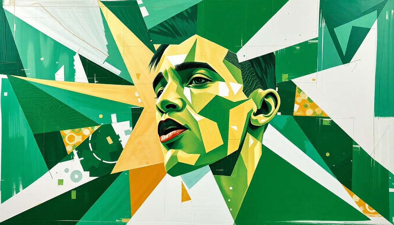 A cubist, geometric painting depicting the dynamic movements and energy of a basketball player in action, with overlapping planes of vibrant green, gold, and white colors.
