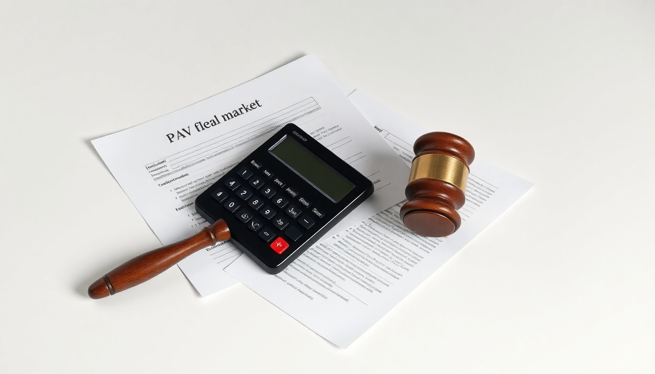 A minimalist, photorealistic studio still life featuring financial documents, a calculator, and a gavel, symbolizing the financial irregularities that led to the closure of the DAV flea market in LaBelle, Florida.