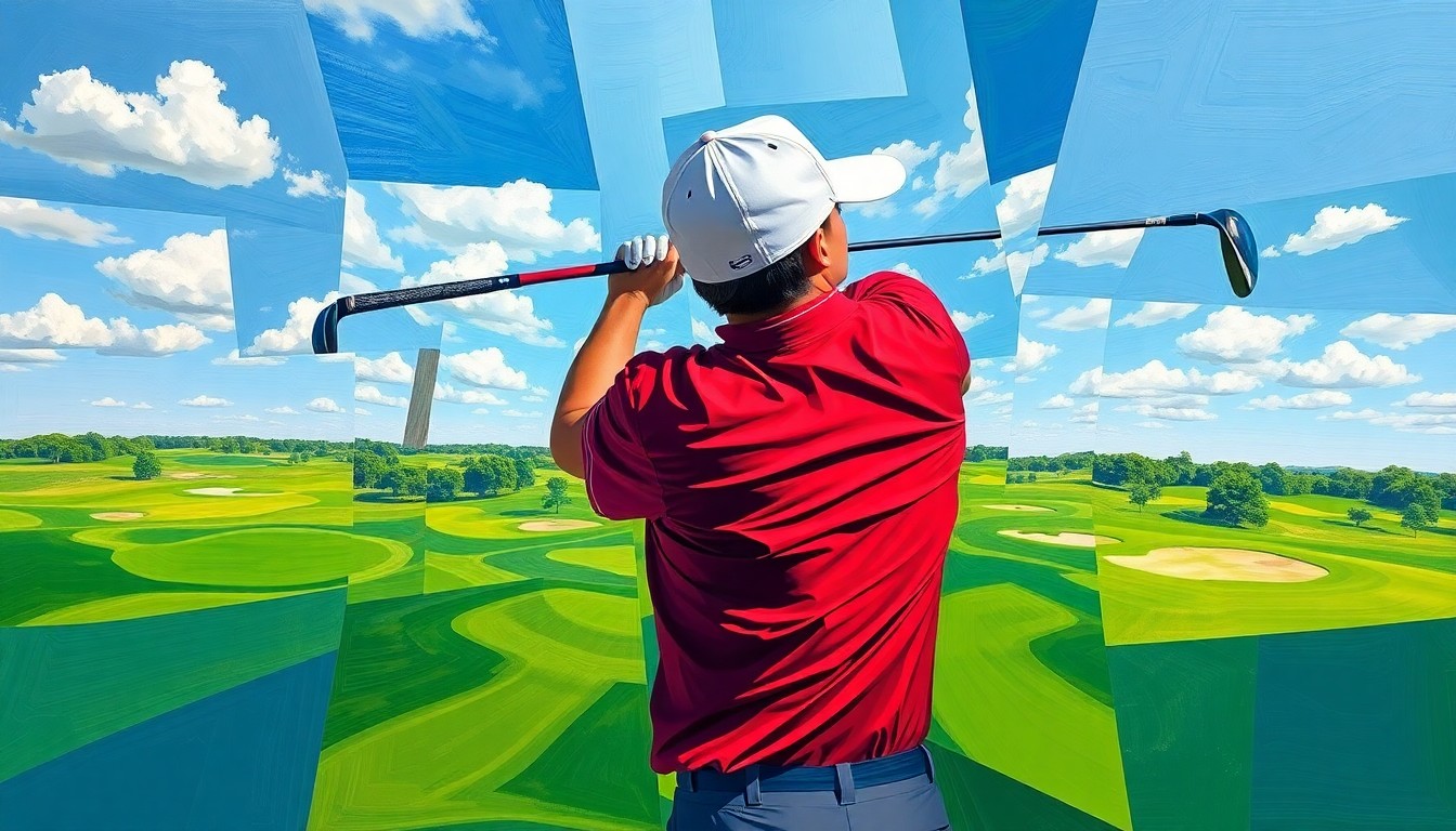 A fractured, multi-perspective painting depicting a golfer's swing and the Texas Rangers Golf Club course in a cubist style, using sharp, overlapping geometric planes and vibrant colors to capture the energy and skill of the record-breaking round.