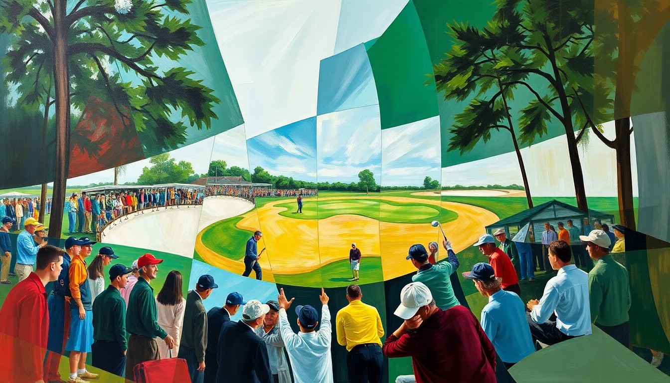 A cubist, geometric painting depicting a fragmented, multi-angled view of a golf tournament, capturing the dynamic energy and competition of the sport.