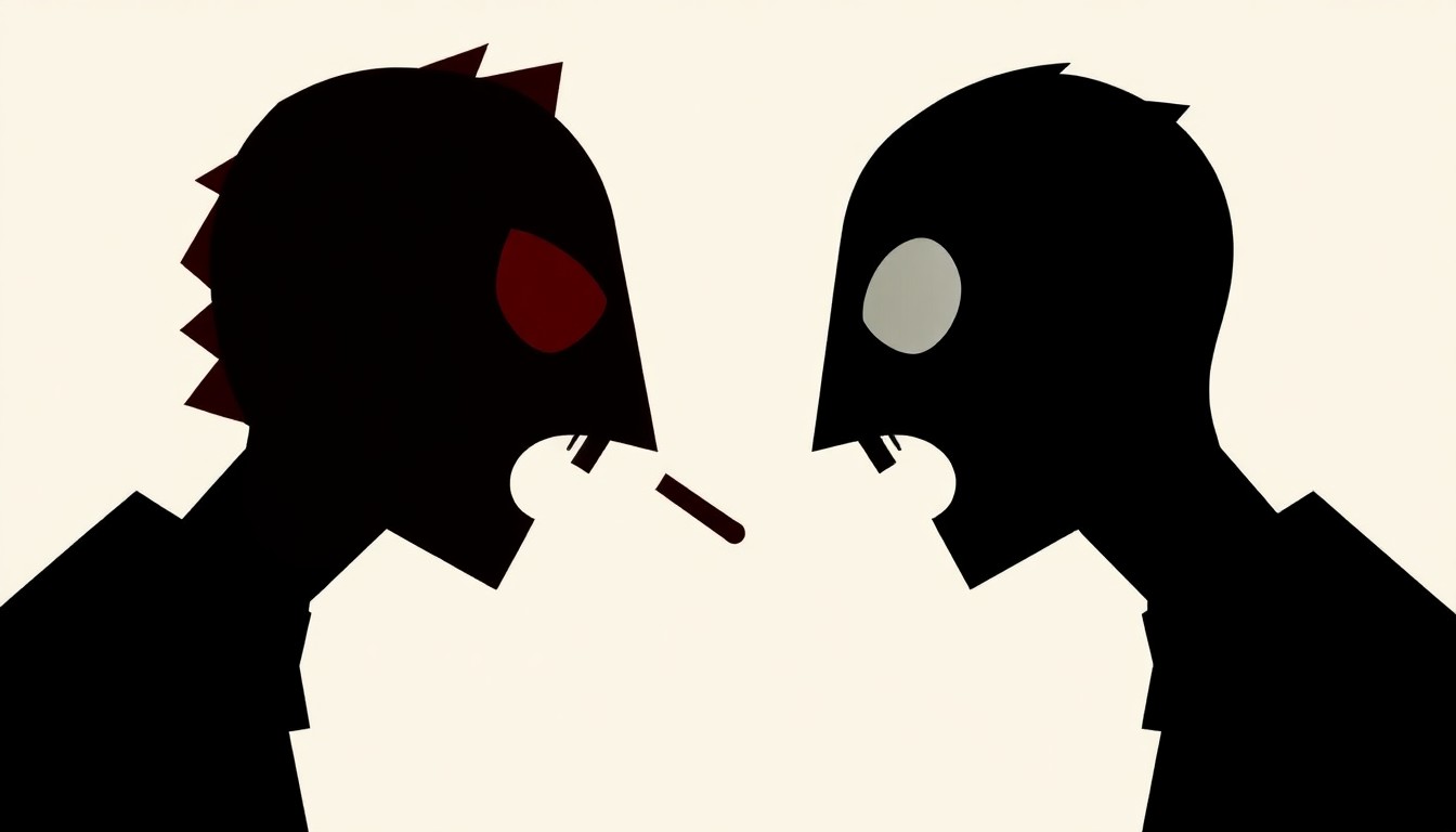 A bold, abstract composition of stark, jagged geometric shapes in high-contrast red and white, conceptually representing the polarizing social media debates that 'rage-bait cinema' aims to provoke.